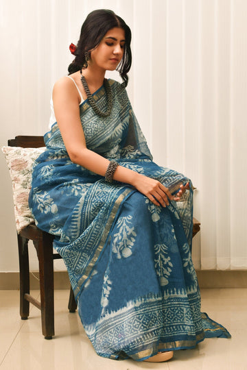 AYSR Boutique Tranquil Waves Blue Block Print Kota Saree with Blouse Piece