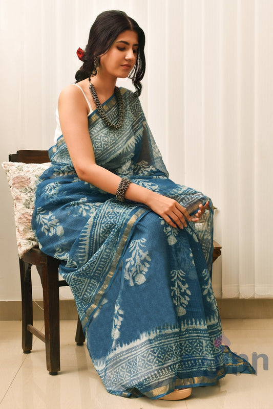 AYSR Boutique Tranquil Waves Blue Block Print Kota Saree with Blouse Piece