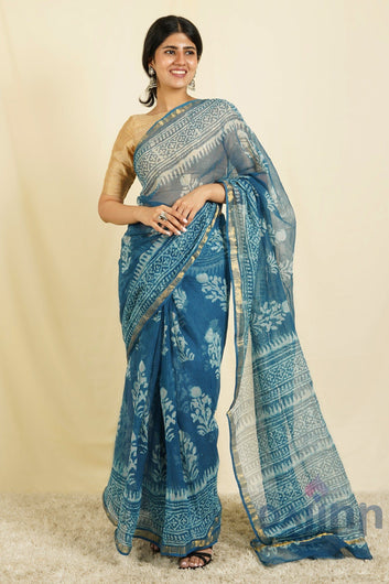 AYSR Boutique Tranquil Waves Blue Block Print Kota Saree with Blouse Piece