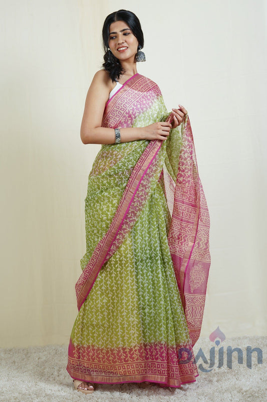 AYSR Boutique Khilti Kali Green and Pink Block Print Kota Saree with Blouse Piece