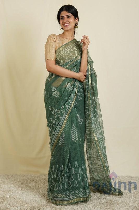 AYSR Boutique Green Haze Block Print Dark Green Kota Saree with Blouse Piece