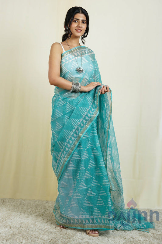 AYSR Boutique Misty Blue Block Print Kota Saree with Blouse Piece