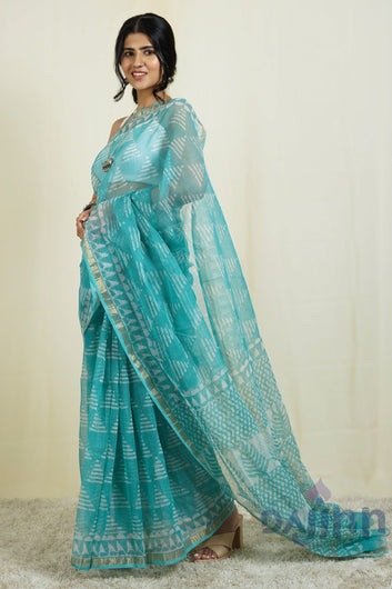 AYSR Boutique Misty Blue Block Print Kota Saree with Blouse Piece