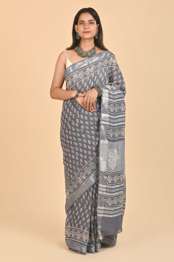 AYSR Boutique Kaynat Grey Linen Saree with Blouse Piece