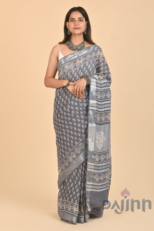 AYSR Boutique Kaynat Grey Linen Saree with Blouse Piece