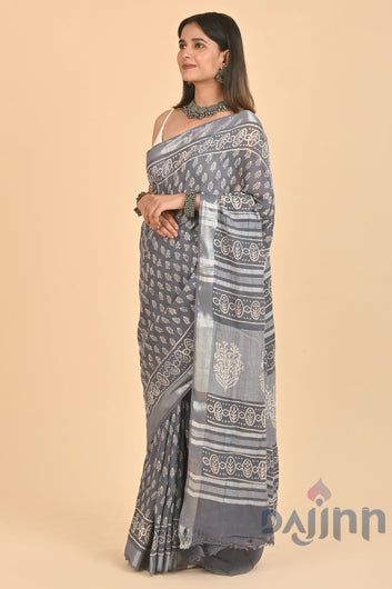 AYSR Boutique Kaynat Grey Linen Saree with Blouse Piece