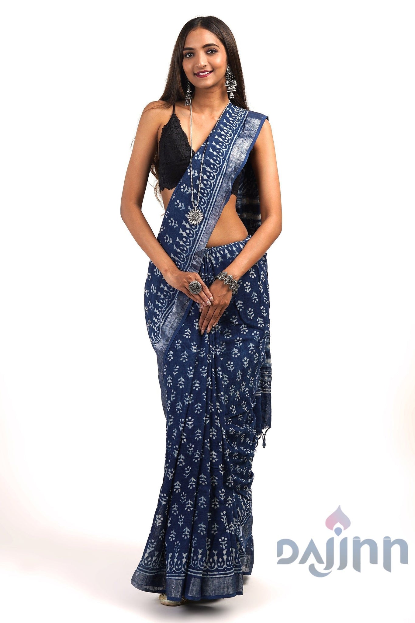 AYSR Boutique Shaniya Indigo Linen Saree with Blouse Piece.