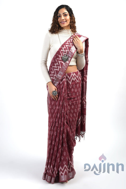 AYSR Boutique Nirvi Maroon Linen Saree With Blouse Piece.