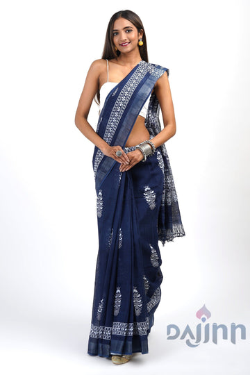 AYSR Boutique Imara Dark Blue Block Print Linen Saree With Blouse Piece