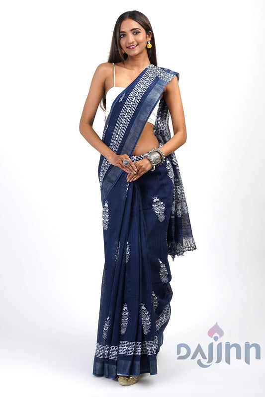 AYSR Boutique Imara Dark Blue Block Print Linen Saree With Blouse Piece