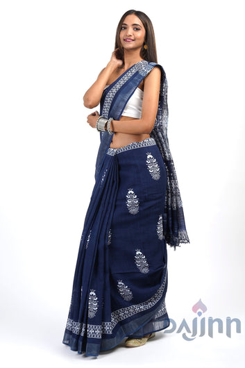 AYSR Boutique Imara Dark Blue Block Print Linen Saree With Blouse Piece