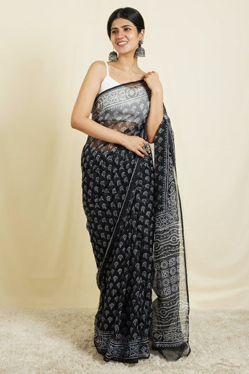AYSR Boutique Aesha Black and White Block Print Kota Saree With Blouse Piece
