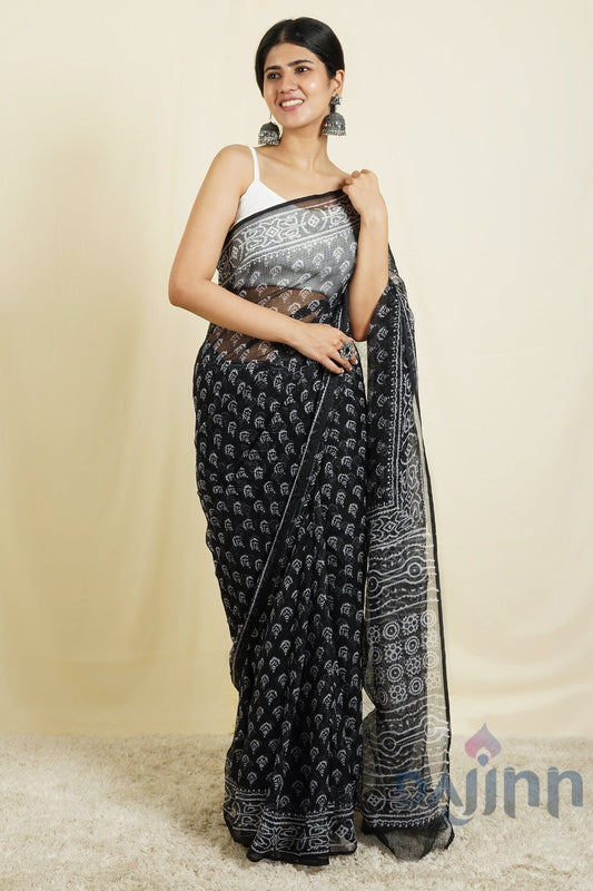 AYSR Boutique Aesha Black and White Block Print Kota Saree With Blouse Piece