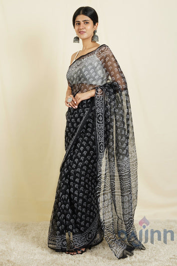 AYSR Boutique Aesha Black and White Block Print Kota Saree With Blouse Piece