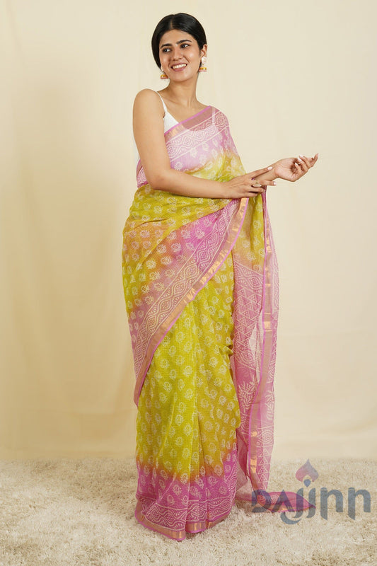 AYSR Boutique Aashika Pink and Lime Yellow Block Print Kota Saree With Blouse Piece