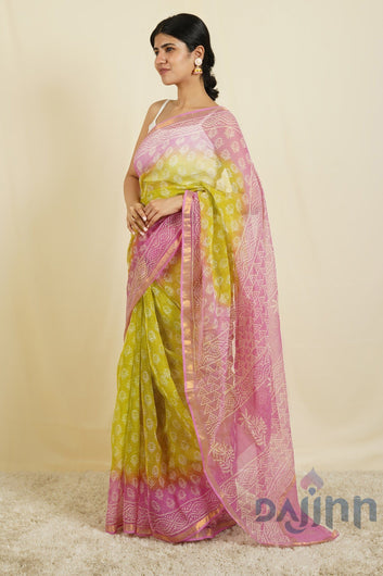 AYSR Boutique Aashika Pink and Lime Yellow Block Print Kota Saree With Blouse Piece