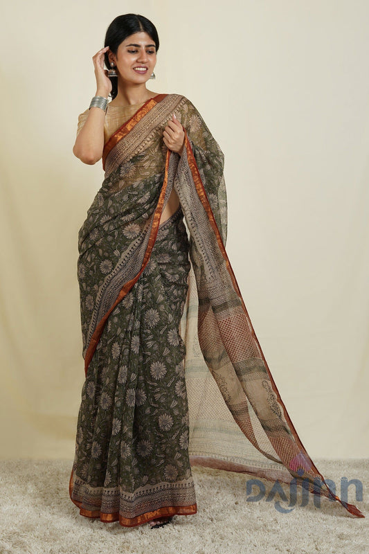 AYSR Boutique Bhumi Olive Green Block Print Kota Saree With Blouse Piece