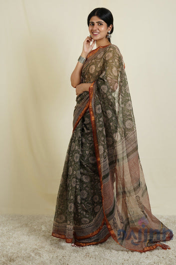 AYSR Boutique Bhumi Olive Green Block Print Kota Saree With Blouse Piece