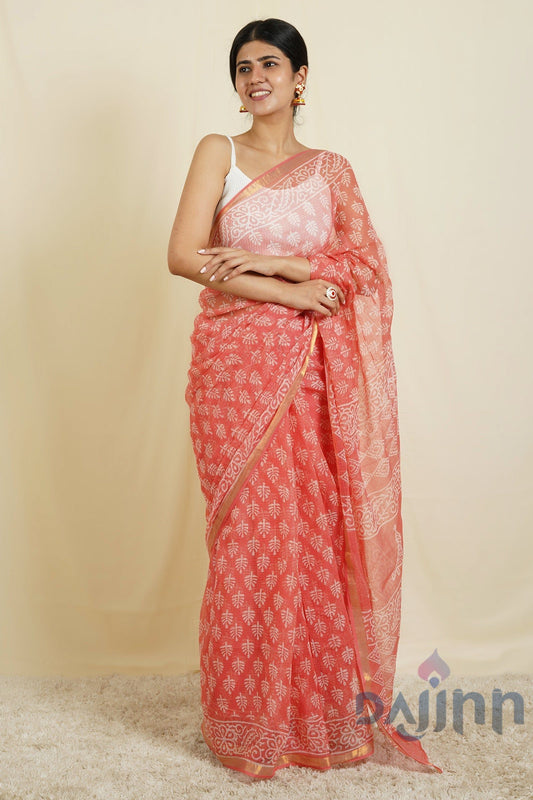 AYSR Boutique Warda Peach and White Block Print Kota Saree With Blouse Piece