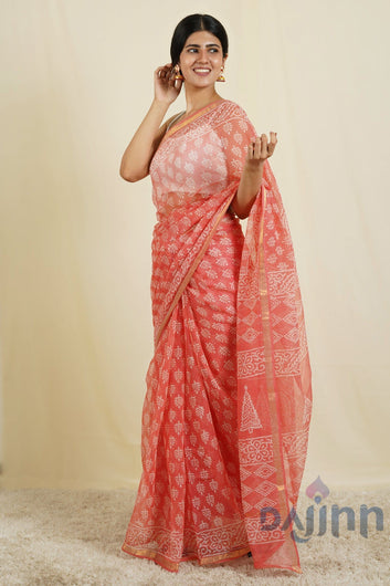 AYSR Boutique Warda Peach and White Block Print Kota Saree With Blouse Piece