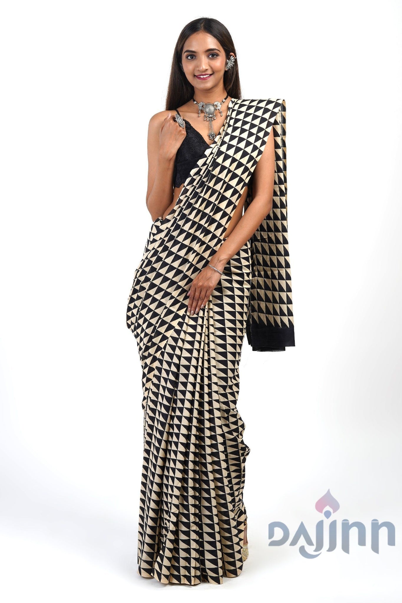 AYSR Boutique Ruhani Black and Beige Cotton Saree With Blouse Piece