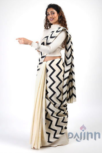 AYSR Boutique Aabha Black and Cream Cotton Saree With Blouse Piece