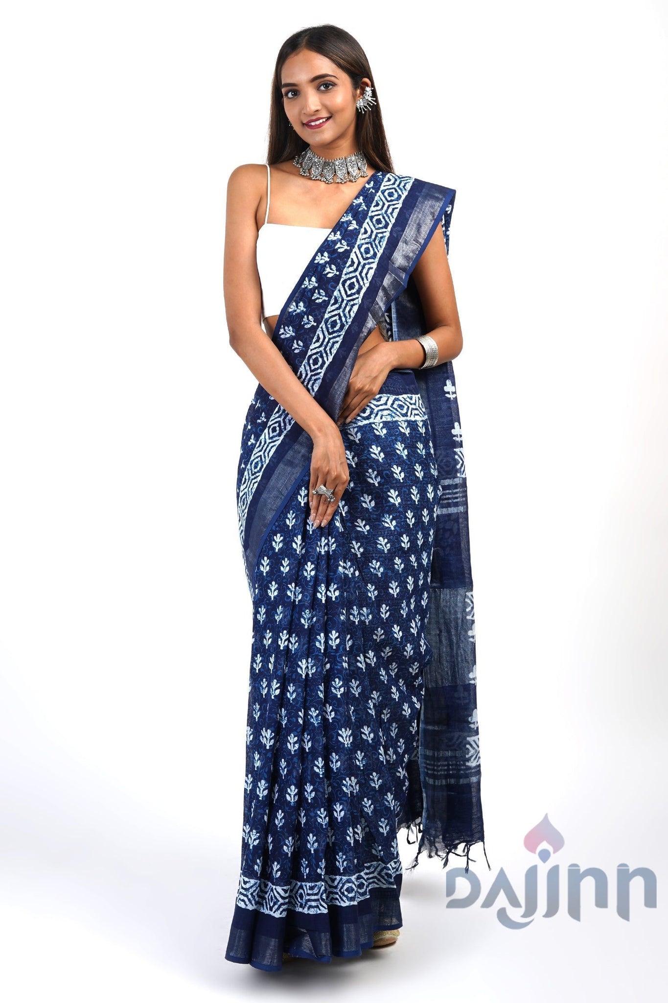 AYSR Boutique Bahaar Dark Blue Block Print Linen Saree With Blouse Piece