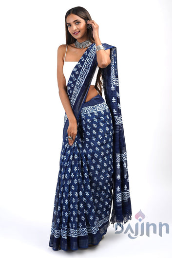 AYSR Boutique Bahaar Dark Blue Block Print Linen Saree With Blouse Piece