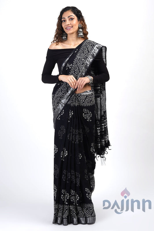 AYSR Boutique Chandani Black Block Print Linen Saree With Blouse Piece