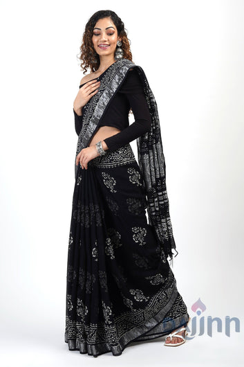 AYSR Boutique Chandani Black Block Print Linen Saree With Blouse Piece