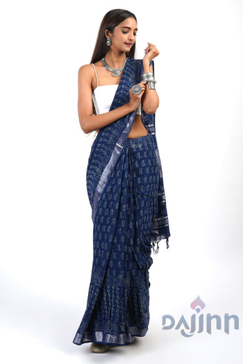 AYSR Boutique Gaurangi Indigo Print Linen Saree With Blouse Piece