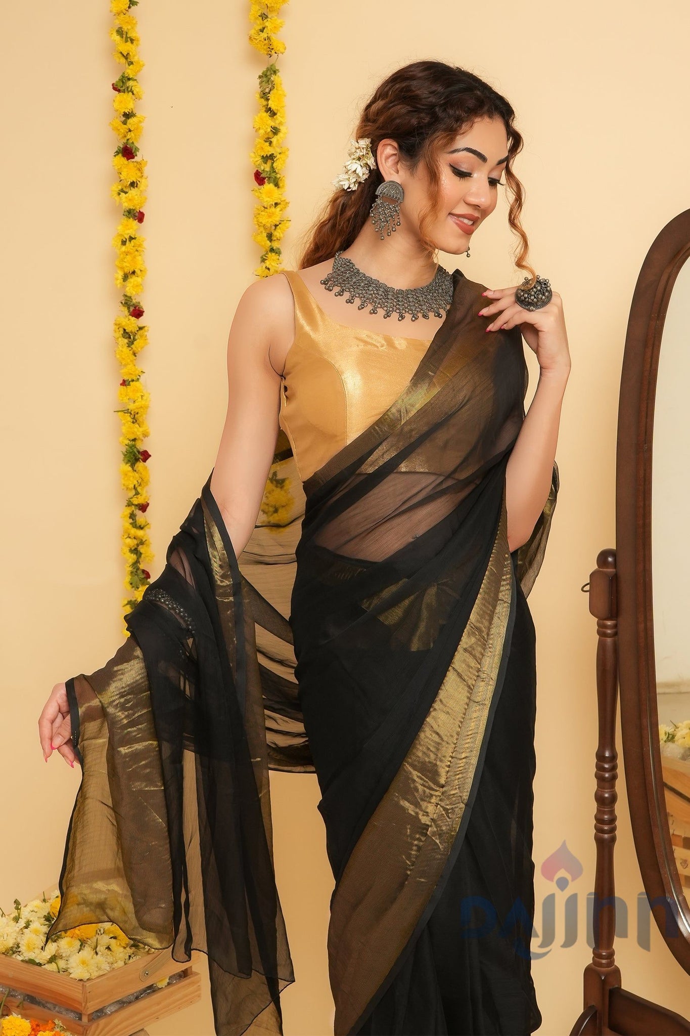 AYSR Boutique Sanah Black Chiffon Ready to Drape Saree