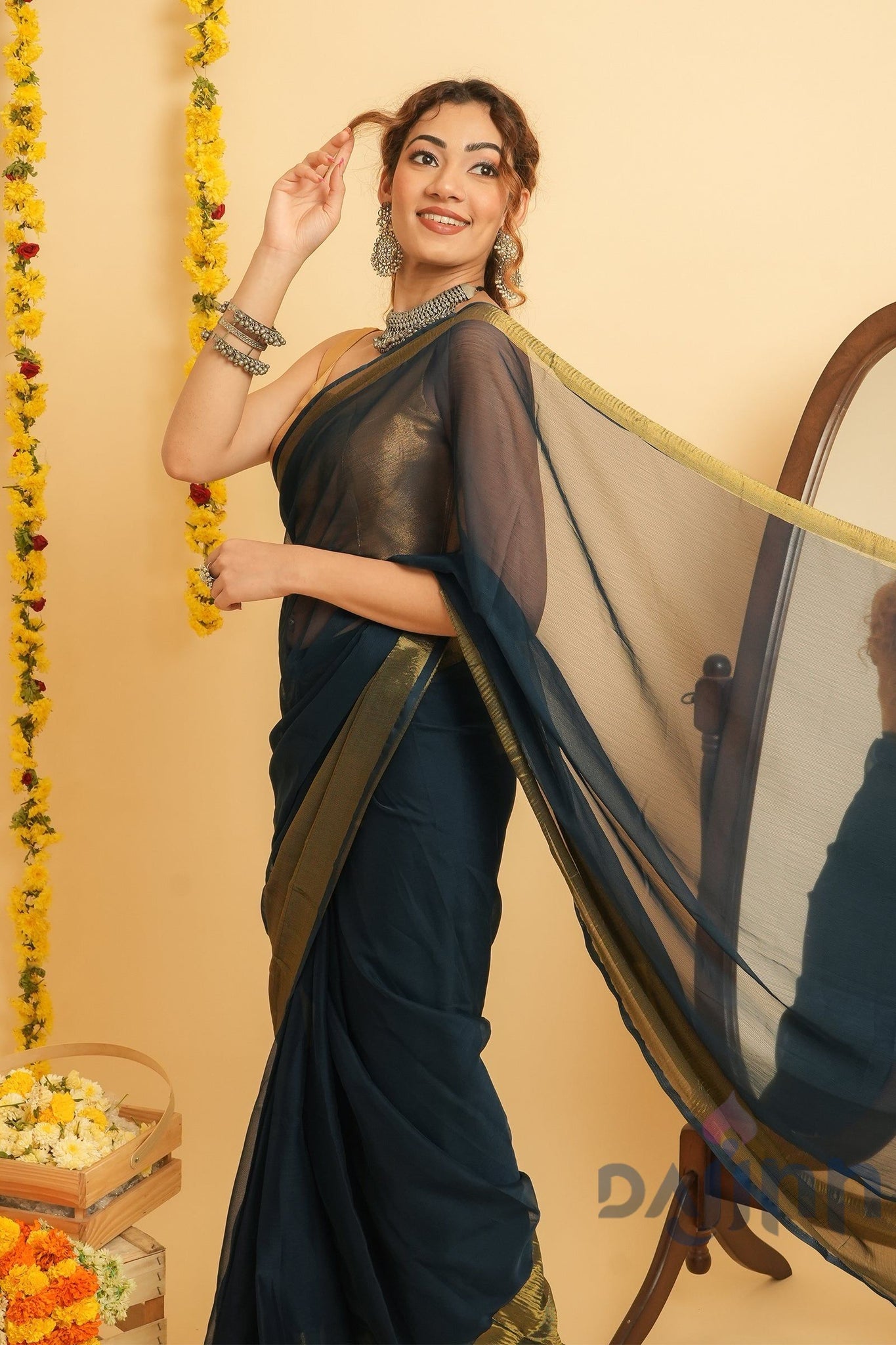 AYSR Boutique Sanah Blue Chiffon Ready to Drape Saree