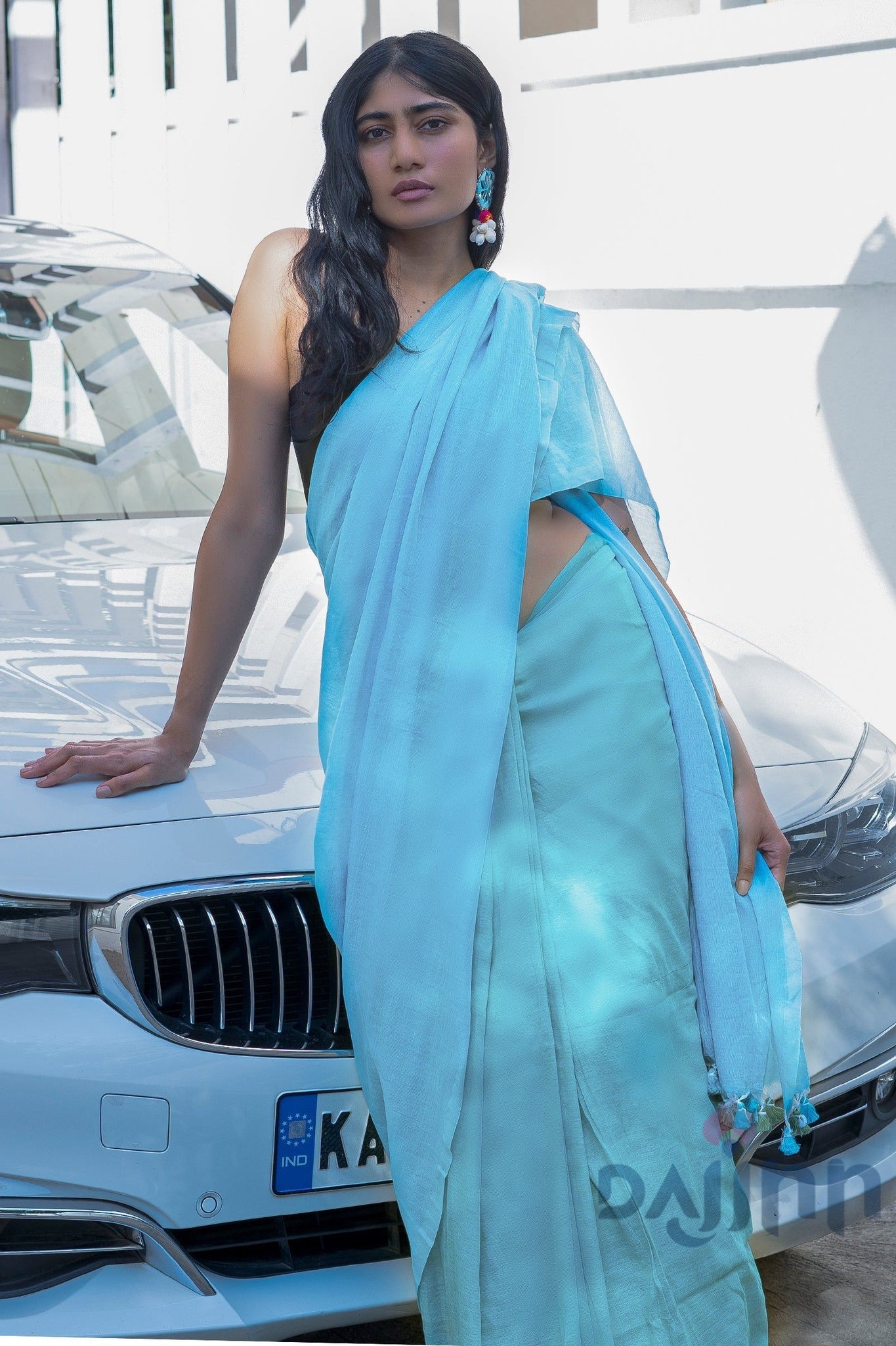 AYSR Boutique Iqra Light Blue & Green Mulmul Saree