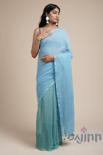 AYSR Boutique Iqra Light Blue & Green Mulmul Saree