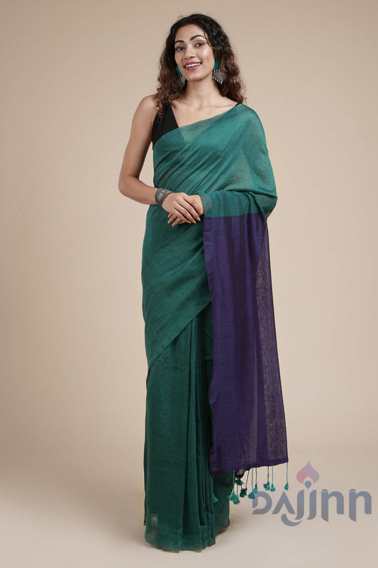 AYSR Boutique Pine Green and Blue Mulmul Cotton Saree