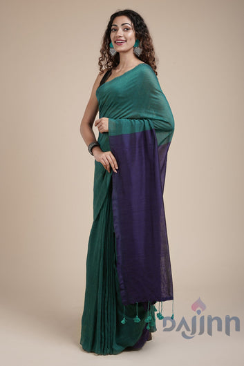 AYSR Boutique Pine Green and Blue Mulmul Cotton Saree