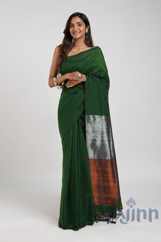 AYSR Boutique Ovyaa Dark Green Hand Woven Tissue Weaving Saree with Blouse Piece