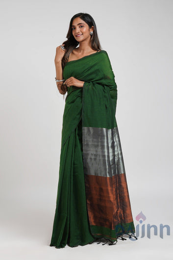 AYSR Boutique Ovyaa Dark Green Hand Woven Tissue Weaving Saree with Blouse Piece