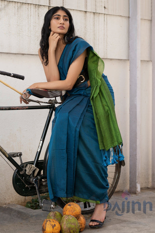 AYSR Boutique Varuni Deep Blue & Green Mulmul Saree