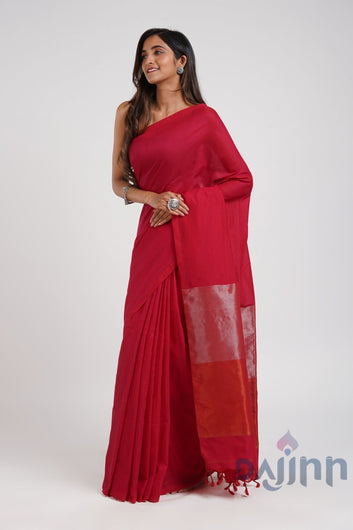 AYSR Boutique Pink Punch Hand-Woven Cotton Tissue Saree with Blouse Piece