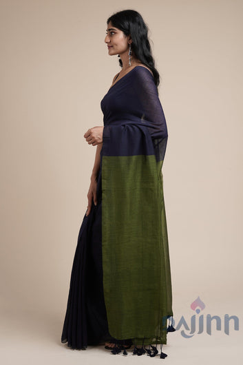 AYSR Boutique Varuni Blue & Olive Green Mulmul Saree