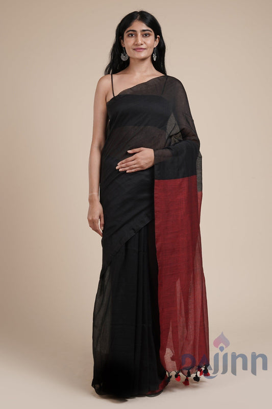 AYSR Boutique Varuni Black & Maroon Mulmul Saree