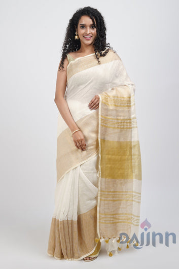 AYSR Boutique Laboni White & Gold Linen Saree