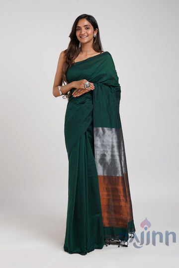 AYSR Boutique Mystical Green Hand Woven Cotton Tissue Saree with Blouse Piece