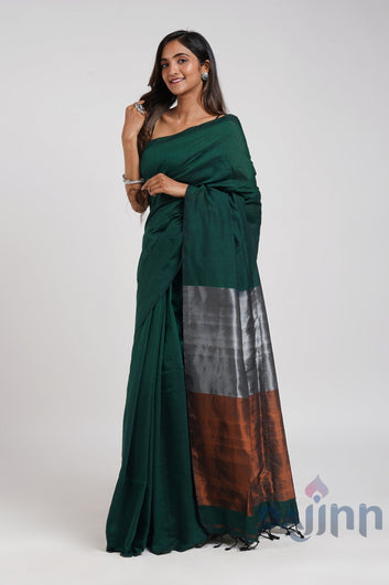 AYSR Boutique Mystical Green Hand Woven Cotton Tissue Saree with Blouse Piece