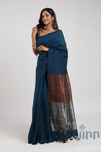 AYSR Boutique Inara Blue Hand Woven Cotton Tissue Weaving Saree with Blouse Piece