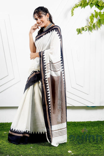 AYSR Boutique Moonlight White & Brown Print Mulmul Cotton Saree