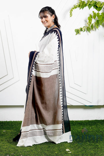 AYSR Boutique Moonlight White & Brown Print Mulmul Cotton Saree