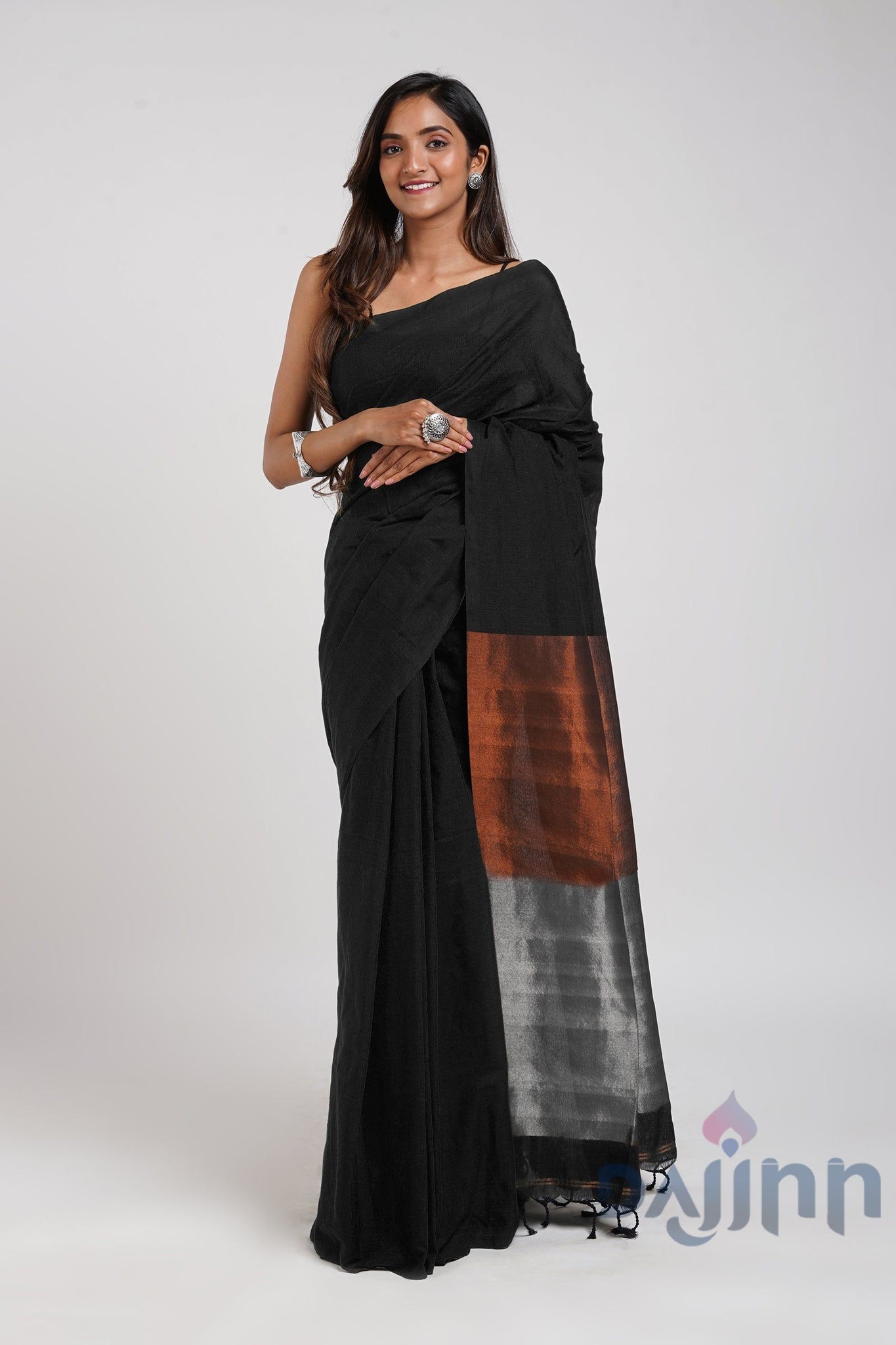 AYSR Boutique Dusk and Dawn Black Hand Woven Cotton Tissue  Saree with Blouse Piece